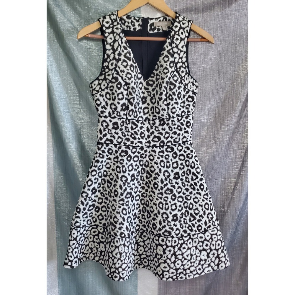 Banana Republic Womens Leopard Jacquard Fit Flare Dress Black White Animal Print